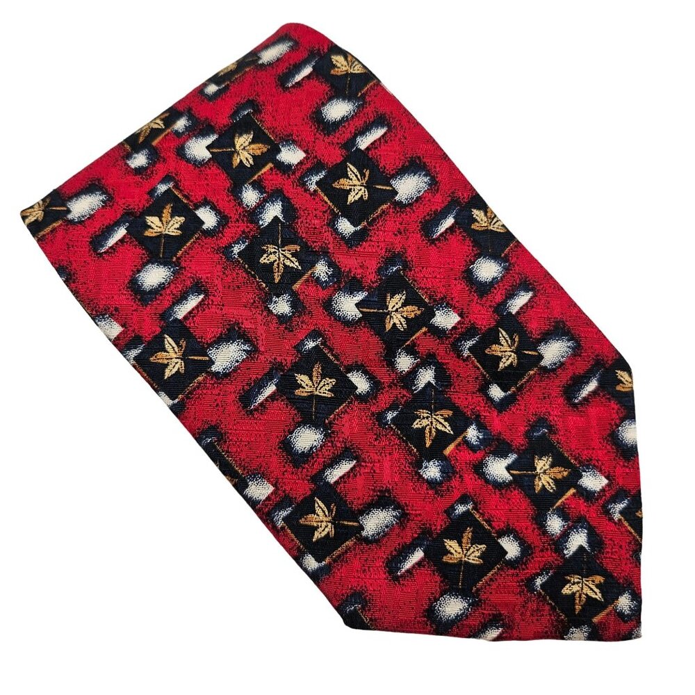 Nordstrom Silk Tie By J Z Richards Red Navy Gold Leaf Pattern Hand Crafted